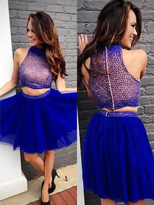 2024 A-Line Halter Homecoming Dresses Kaliyah Sleeveless Two Piece Beading Tulle Cut Short/Mini