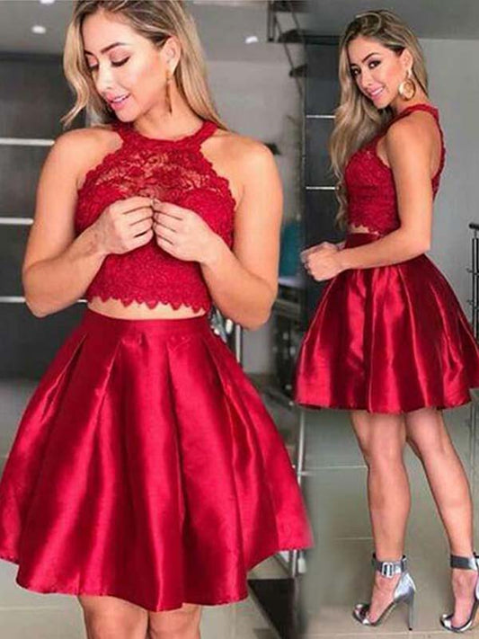 2024 A-Line Avery Homecoming Dresses Satin Lace Halter Sleeveless Pleated Cut Short/Mini