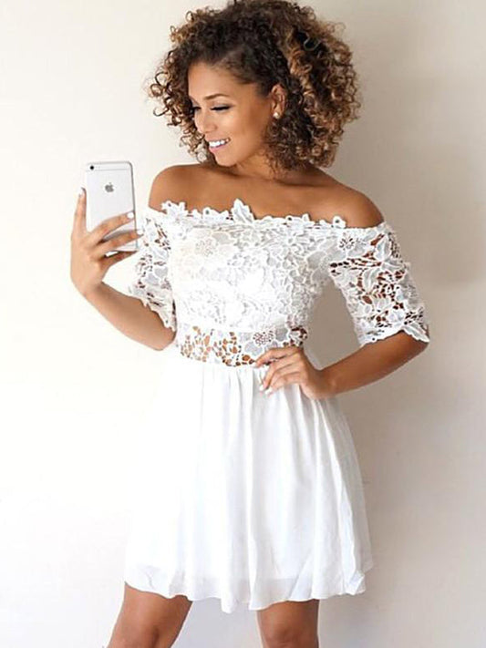 White Off-The-Shoulder Half Sleeve Cut Lace Mandy Homecoming Dresses Shorts Mini
