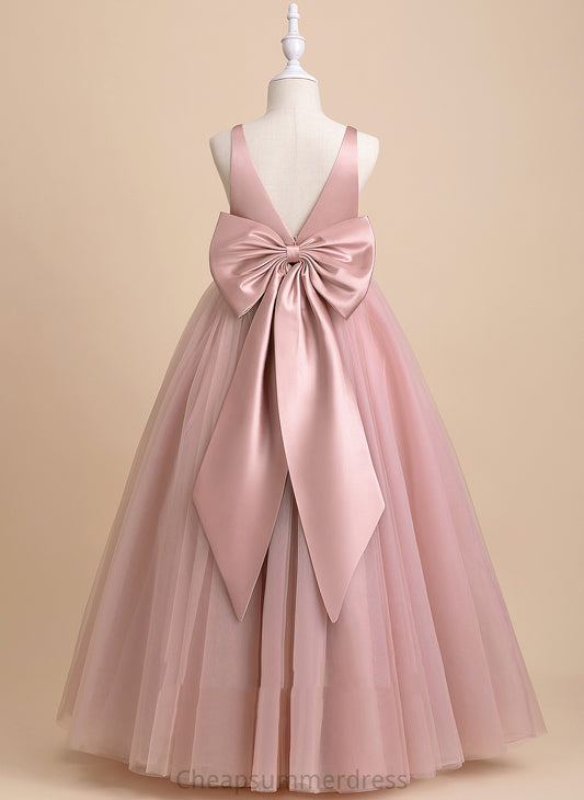 - V-neck Flower Tulle Girl Dress Floor-length Flower Girl Dresses Bow(s)/V Sleeveless Back With Ball-Gown/Princess Hayden