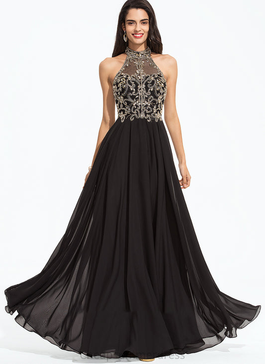 Chiffon High Neck Floor-Length A-Line Prom Dresses Sequins Beading Zoie With