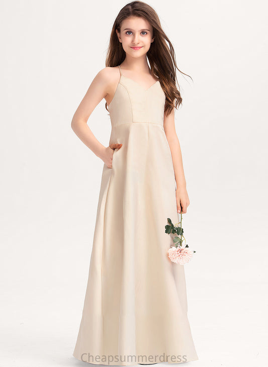 V-neck Pockets Taryn Floor-Length Satin A-Line With Junior Bridesmaid Dresses