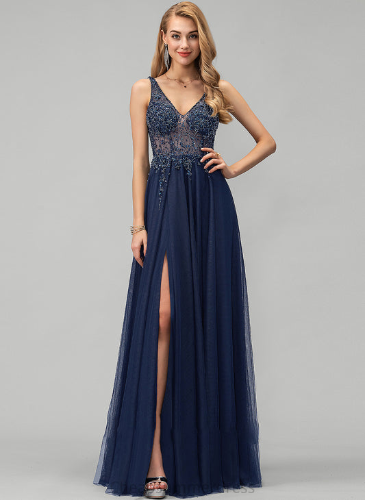 With Tulle Prom Dresses Split A-Line Abigail Floor-Length Front Sequins V-neck Beading
