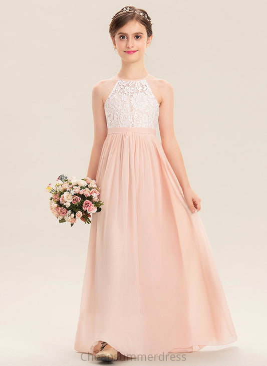 Leia Chiffon Lace Floor-Length Neck Junior Bridesmaid Dresses Scoop A-Line