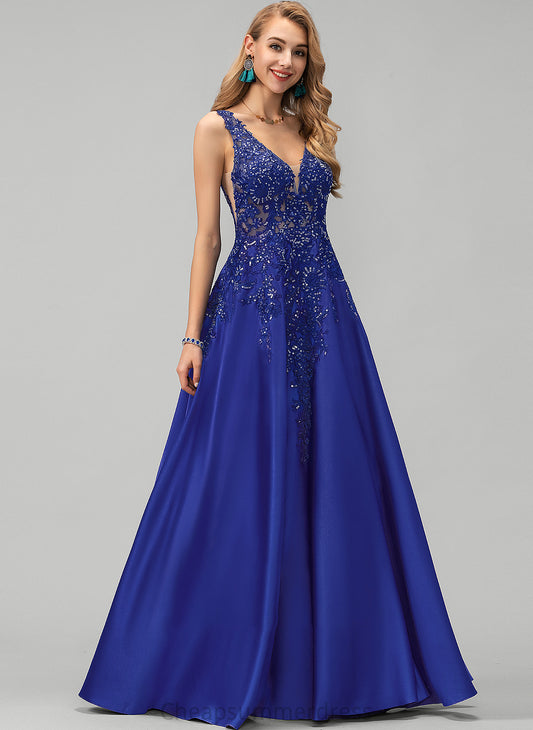 Sequins Satin Prom Dresses V-neck With A-Line Floor-Length Carlee Lace