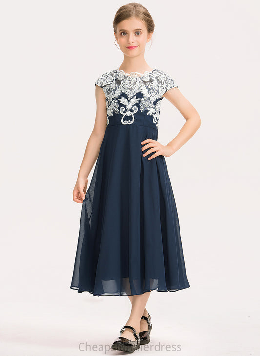 Gloria Chiffon Junior Bridesmaid Dresses Tea-Length A-Line Scoop Neck Lace