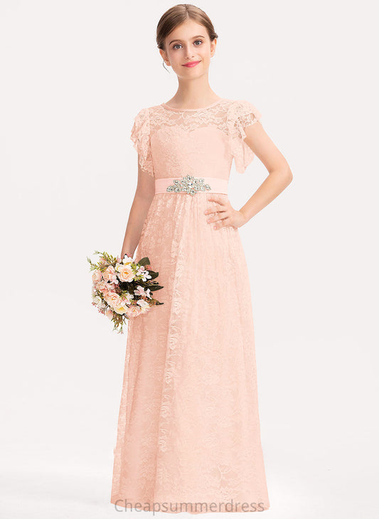 Scoop Bow(s) Lace With A-Line Neck Cascading Junior Bridesmaid Dresses Nataly Ruffles Beading Floor-Length