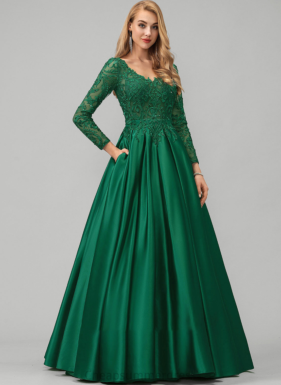 Sequins V-neck Beading Satin Pockets Floor-Length Ball-Gown/Princess Prom Dresses With Eliza Lace