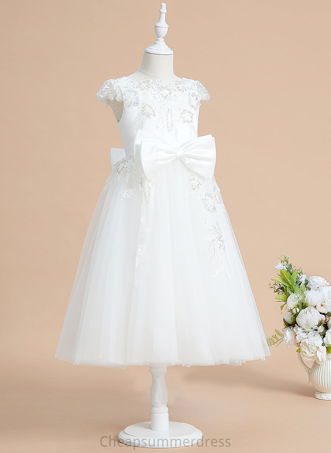- Dress Tea-length Flower Girl Dresses A-Line With Scoop Girl Short Flower Sleeves Scarlett Neck Tulle/Lace Sequins/Bow(s)