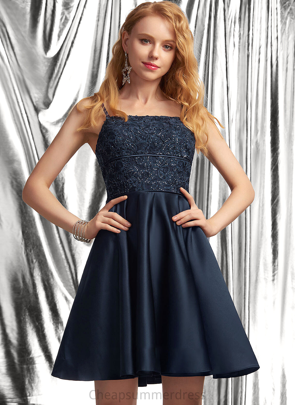 Square Neckline Lace A-Line With Satin Prom Dresses Lilah Short/Mini Sequins