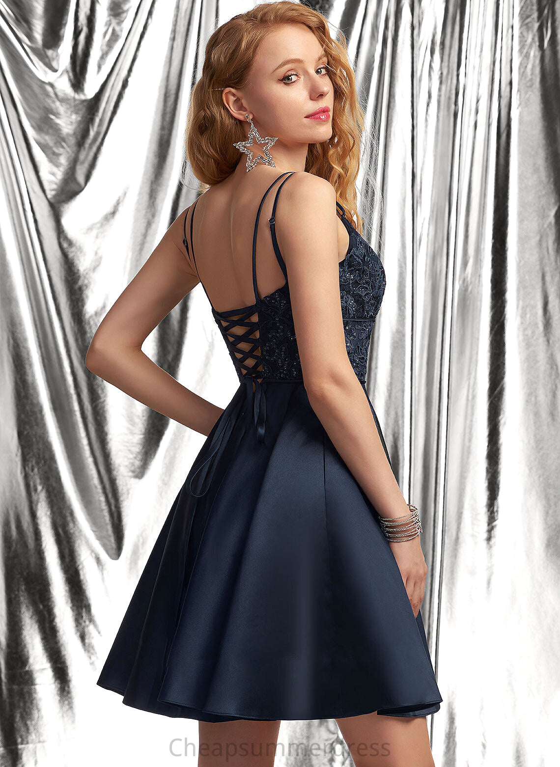 Square Neckline Lace A-Line With Satin Prom Dresses Lilah Short/Mini Sequins