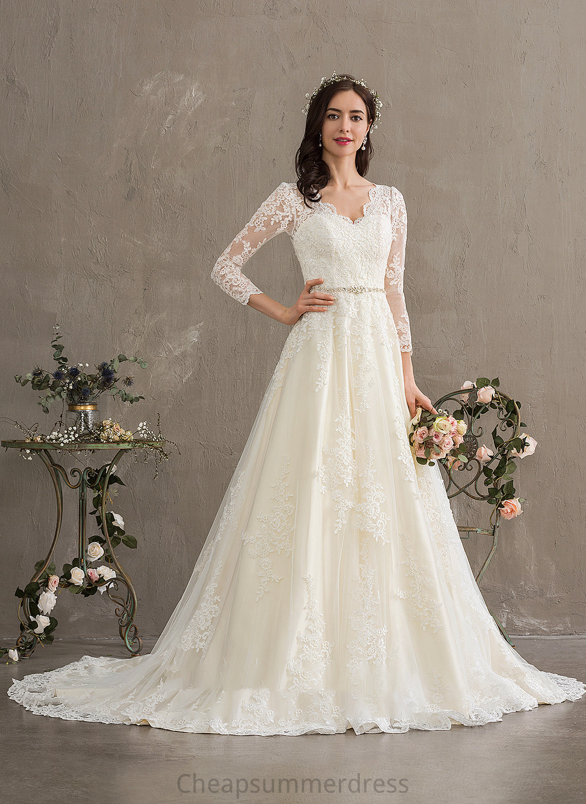 Ball-Gown/Princess Chapel Wedding Dresses Sequins Beading With V-neck Train Wedding Tulle Dress Angie