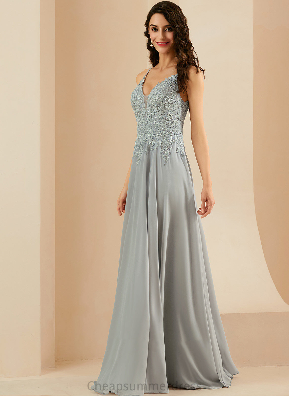 Floor-Length Split Front With Prom Dresses Lace V-neck Leah Sequins Chiffon A-Line