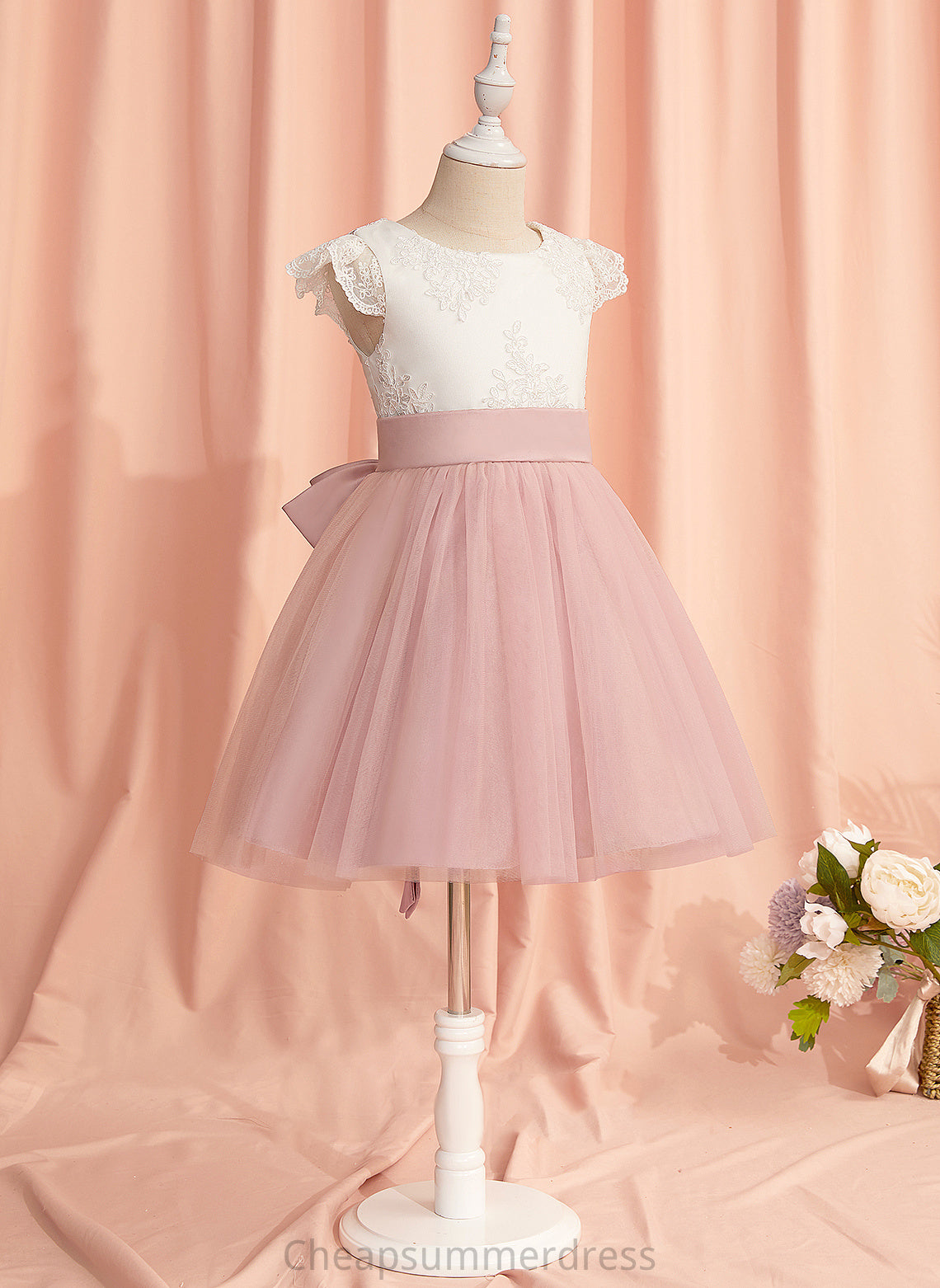 - Tulle Neck Short A-Line With Sleeves Dress Jessie Knee-length Lace/Bow(s) Girl Flower Flower Girl Dresses Scoop