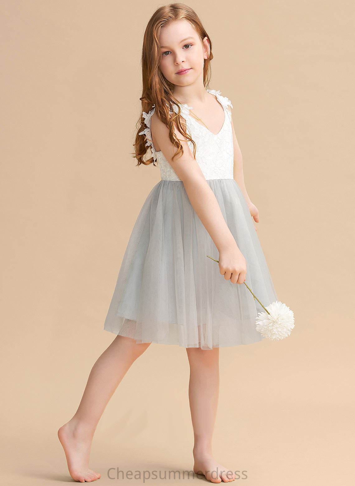 - A-Line Dress Flower Girl Dresses Sleeveless Flower V-neck Sofia Knee-length Girl Tulle/Lace