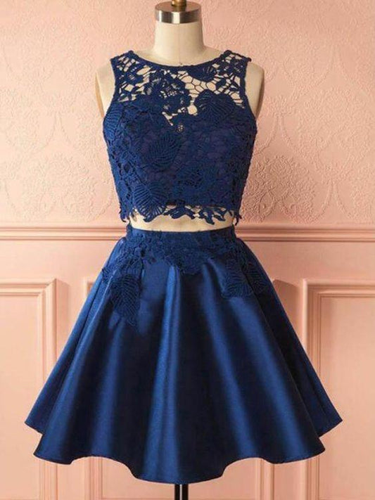 2 Lace Sahna Two Pieces Homecoming Dresses Satin Pieces Navy Blue Party Dress