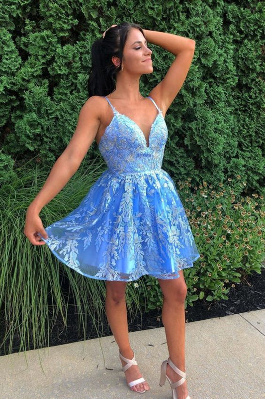 -Up Sequined Sky Karina Homecoming Dresses Lace Blue With Flowers CD16431