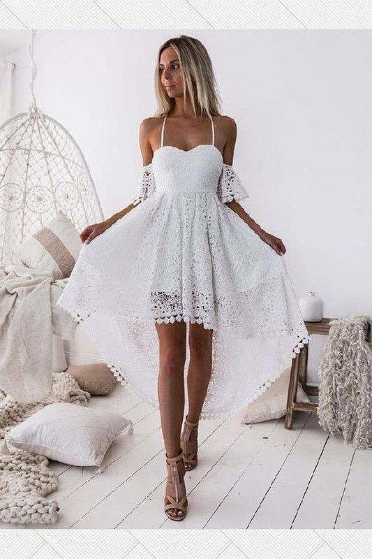 White Party Dress A-Line Spaghetti Straps Short Sleeves Lace Homecoming Dresses Livia High Low White CD87