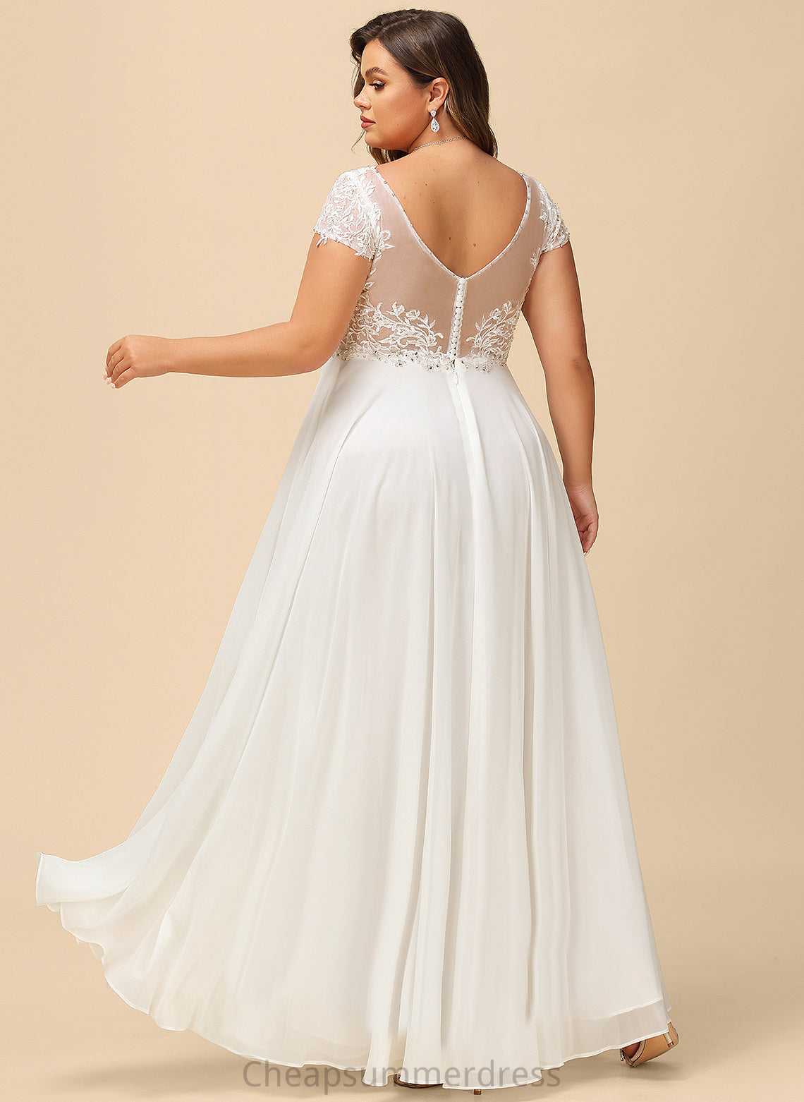 A-Line Wedding Beading Sequins Wedding Dresses V-neck Chiffon Valentina Floor-Length With Lace Dress
