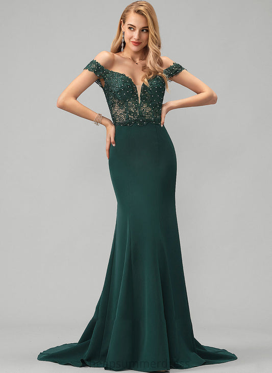 Beading Jaqueline Stretch Sweep Sequins Prom Dresses With Train Crepe Trumpet/Mermaid Lace Off-the-Shoulder