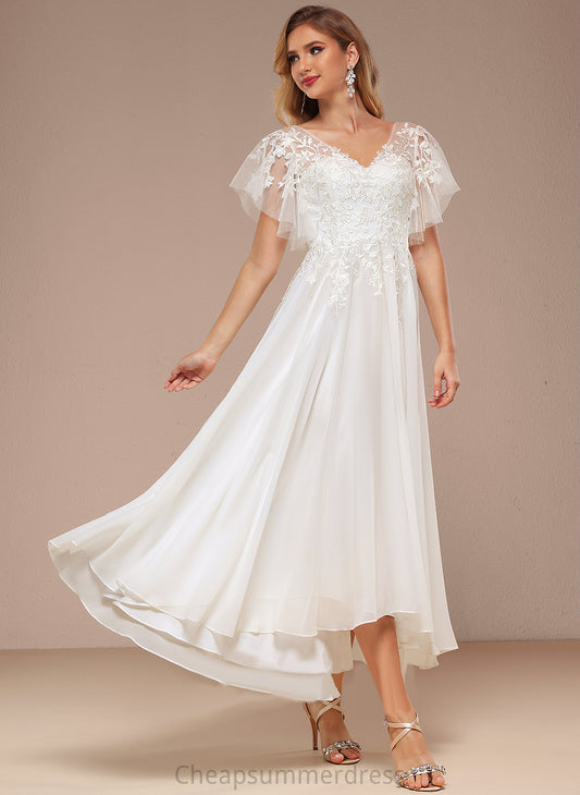 Lace With Wedding Wedding Dresses Tulle A-Line Ruffle Jan V-neck Dress Asymmetrical