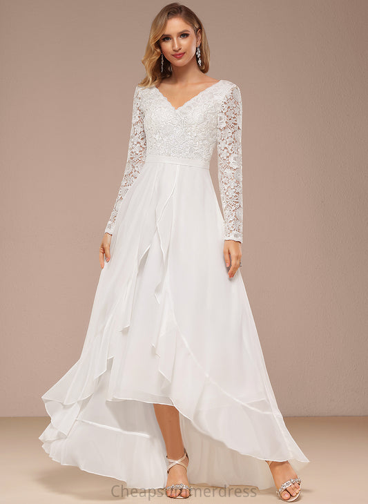 Miranda Chiffon Lace Wedding Dress Asymmetrical V-neck A-Line Wedding Dresses