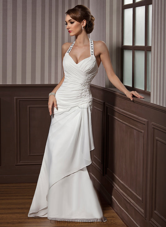 Sofia Halter Wedding Dresses Sequins Ruffle Floor-Length Sheath/Column Appliques Lace Beading Chiffon Wedding With Dress