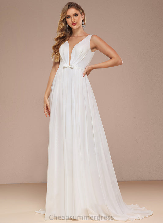 V-neck Sweep Dress With Haylee Chiffon A-Line Train Bow(s) Wedding Dresses Wedding