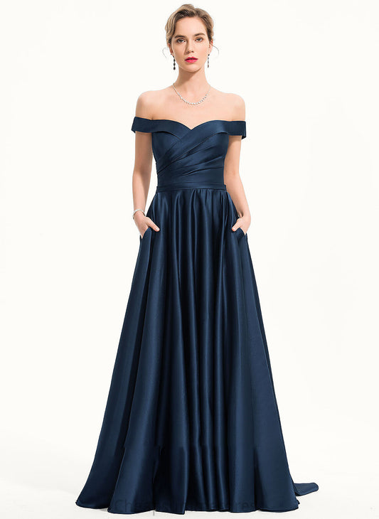 Off-the-Shoulder Satin With Sarahi Prom Dresses Train Pockets Sweep A-Line