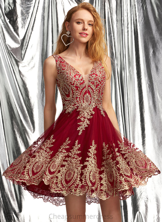 Miya A-Line Short/Mini With Appliques Prom Dresses Lace V-neck Tulle