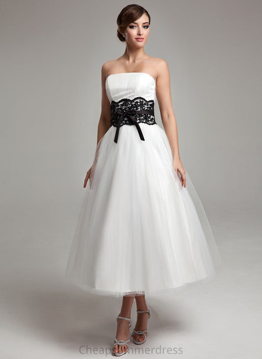 Strapless Ball-Gown/Princess Satin Wedding Lace Dress With Tulle Wedding Dresses Bow(s) Tea-Length Madilynn Sash Beading