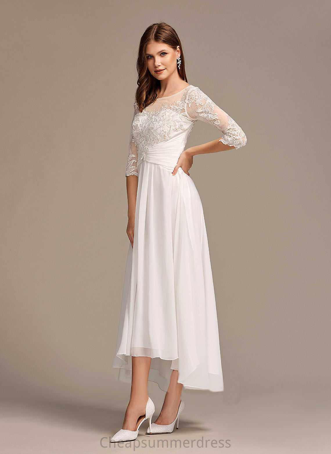 With Chiffon Illusion A-Line Wedding Cristina Wedding Dresses Dress Lace Asymmetrical