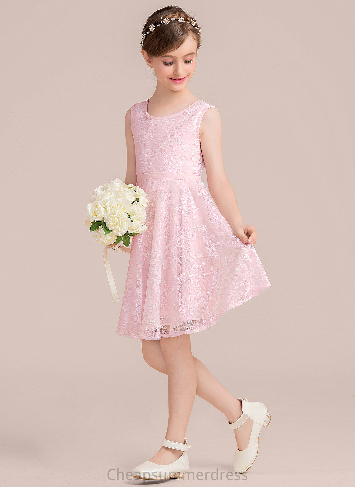 A-Line Bow(s) Sash Dulce Scoop With Neck Lace Knee-Length Junior Bridesmaid Dresses