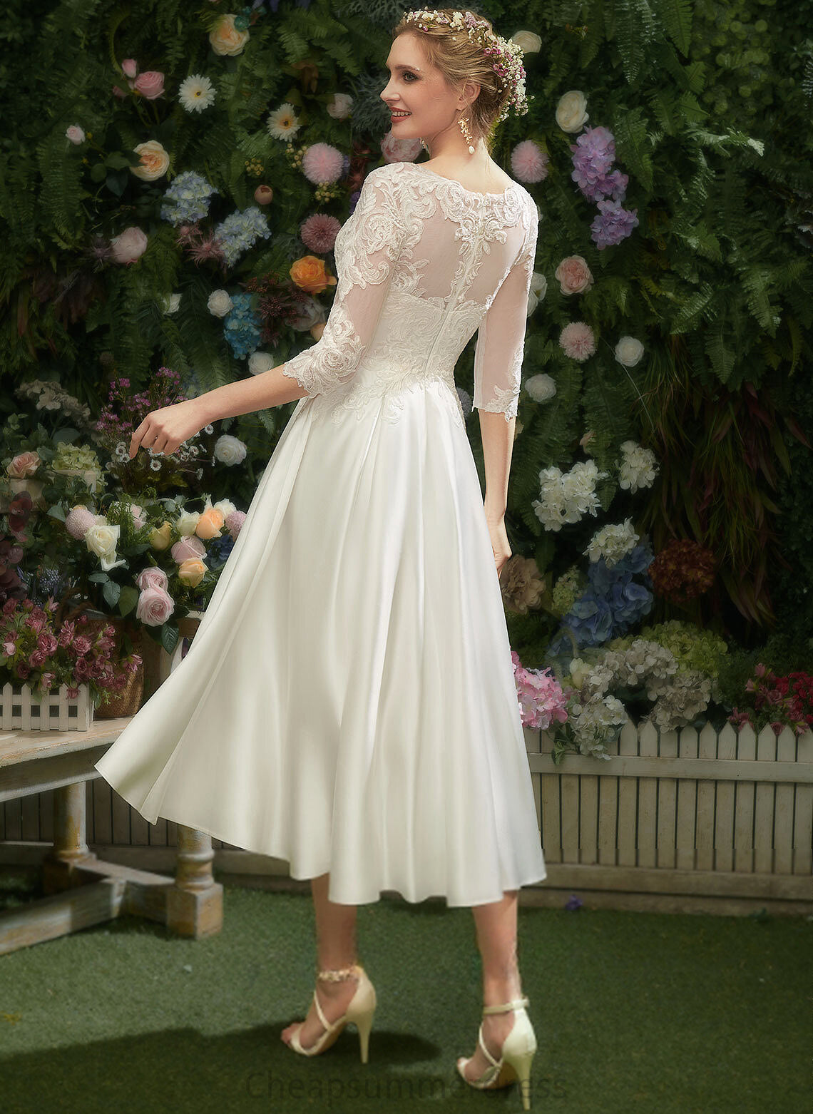 Dress Wedding A-Line Illusion Izabelle Lace Wedding Dresses Tea-Length Satin