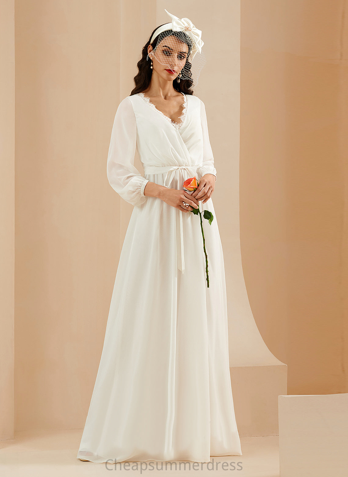Wedding Dresses A-Line Ryleigh Floor-Length Chiffon Wedding Lace V-neck Dress