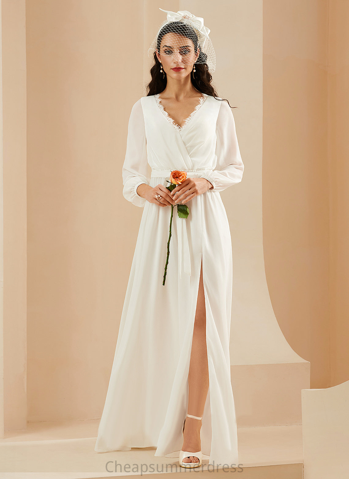 Wedding Dresses A-Line Ryleigh Floor-Length Chiffon Wedding Lace V-neck Dress