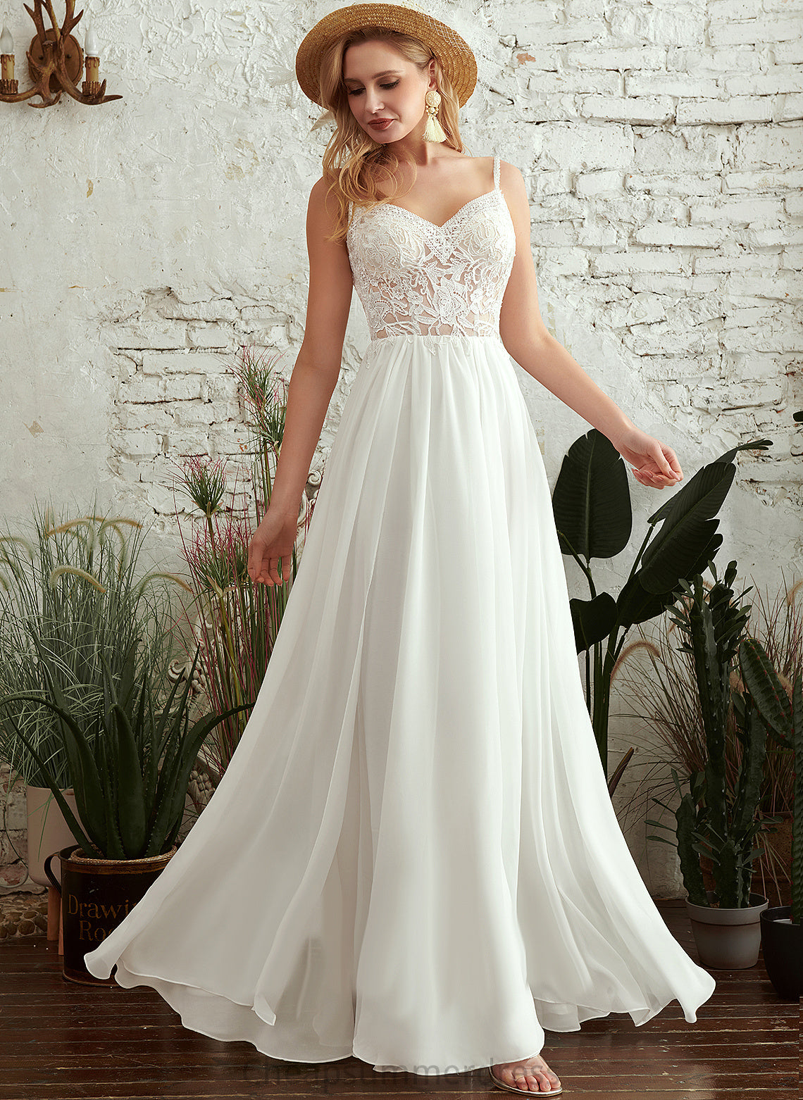 Wedding Monique Floor-Length Beading With Wedding Dresses A-Line Chiffon V-neck Dress Lace