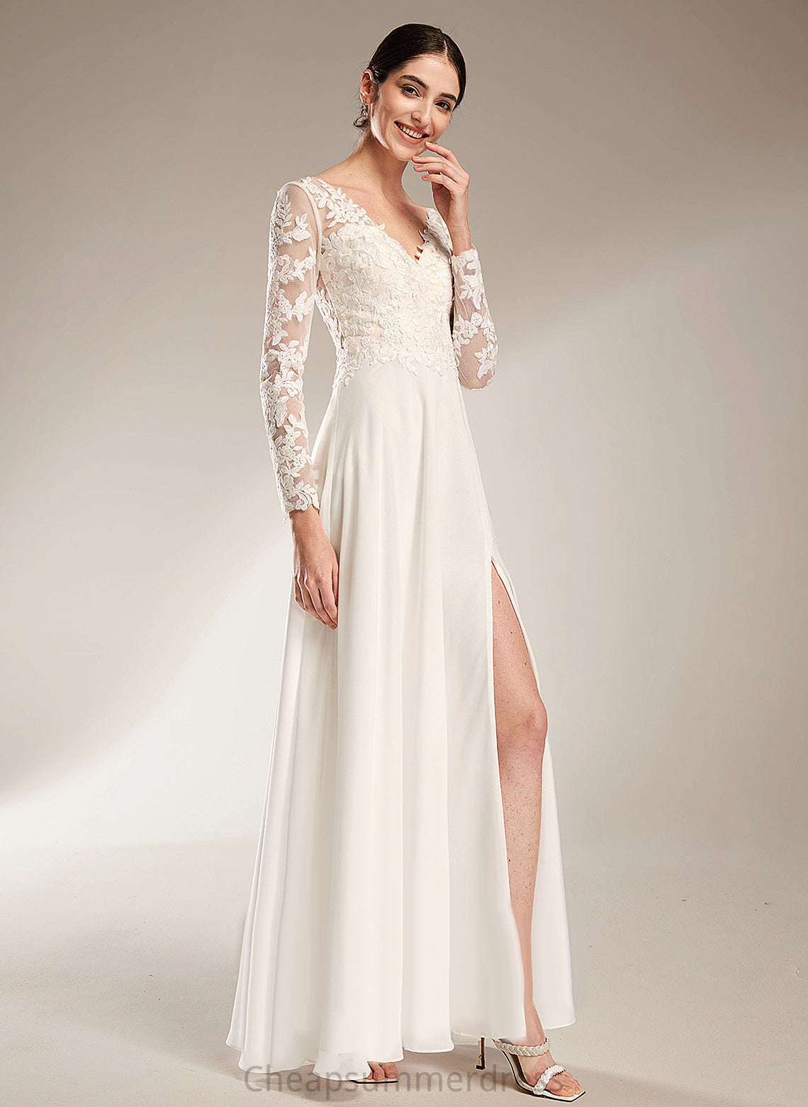 Floor-Length Wedding Dresses Wedding Lace V-neck Chiffon A-Line Dress Skylar