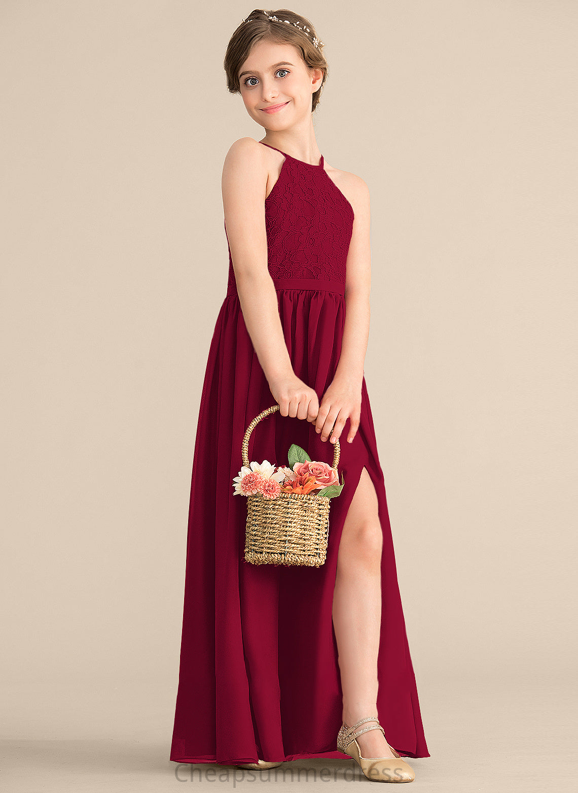Front With Meredith A-Line Lace Split Neck Junior Bridesmaid Dresses Scoop Floor-Length Chiffon