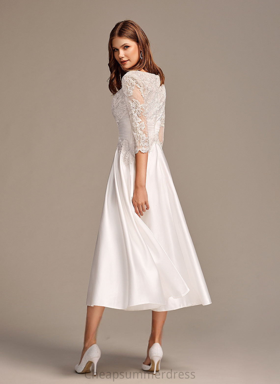 Scoop Tea-Length Wedding Lace Wedding Dresses A-Line Leia Dress Satin