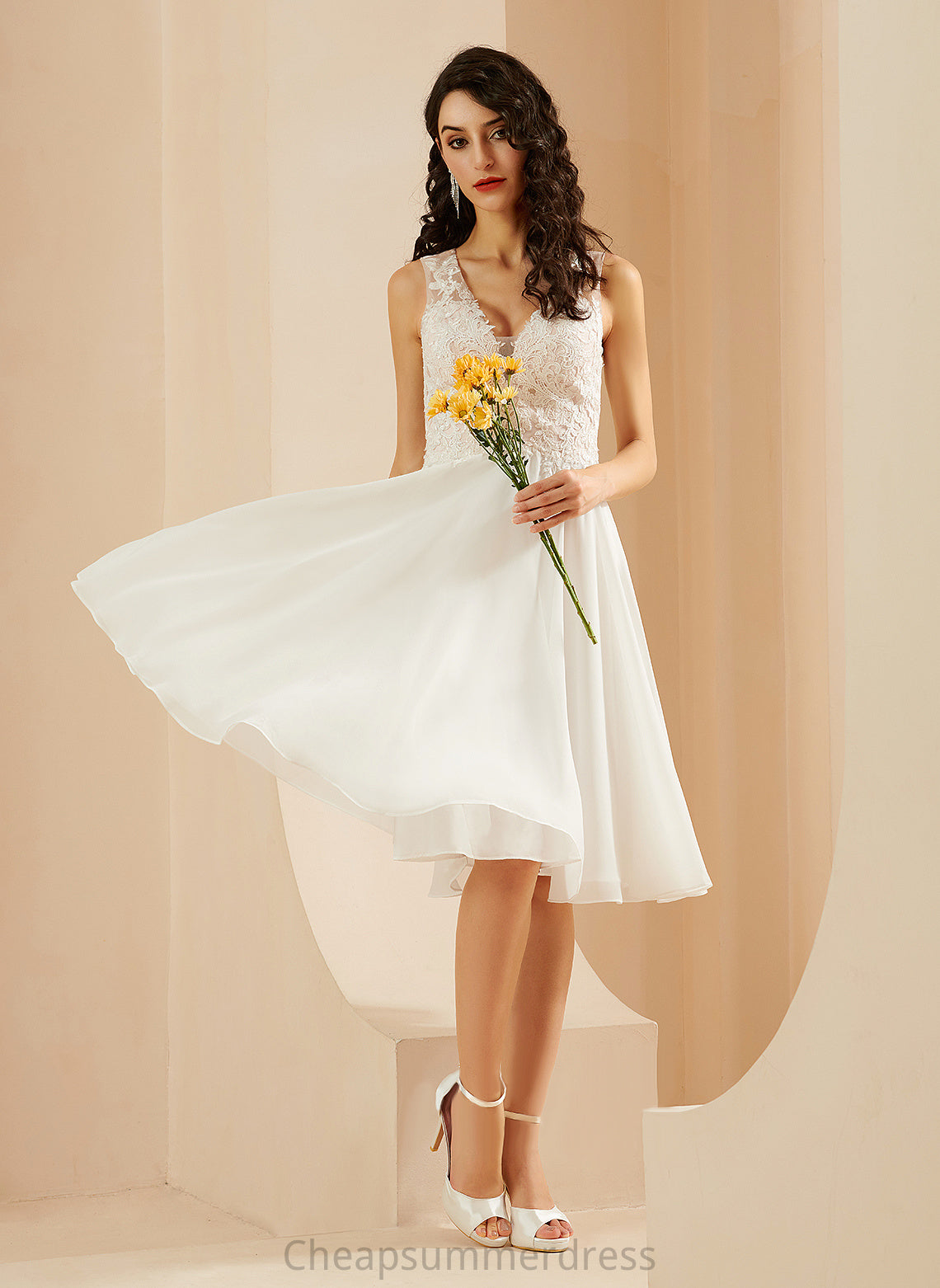 Wedding Dresses Sequins Shelby Knee-Length Wedding Chiffon A-Line V-neck With Dress Lace