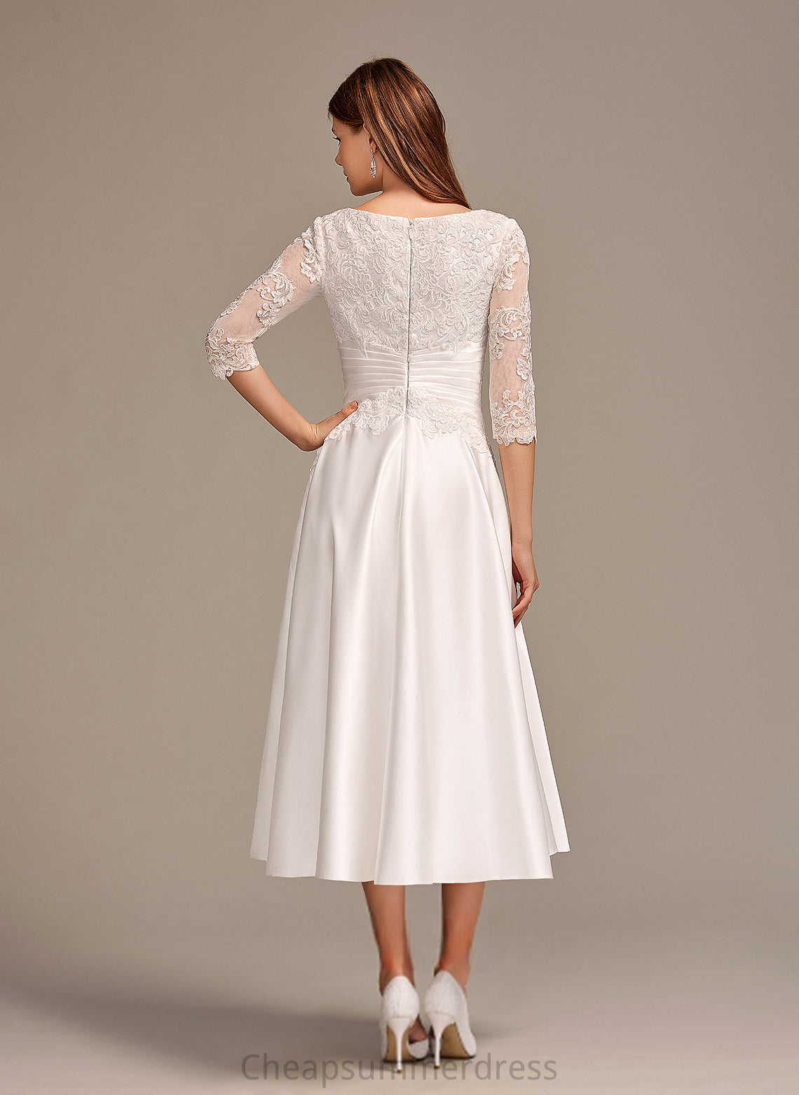 Scoop Tea-Length Wedding Lace Wedding Dresses A-Line Leia Dress Satin