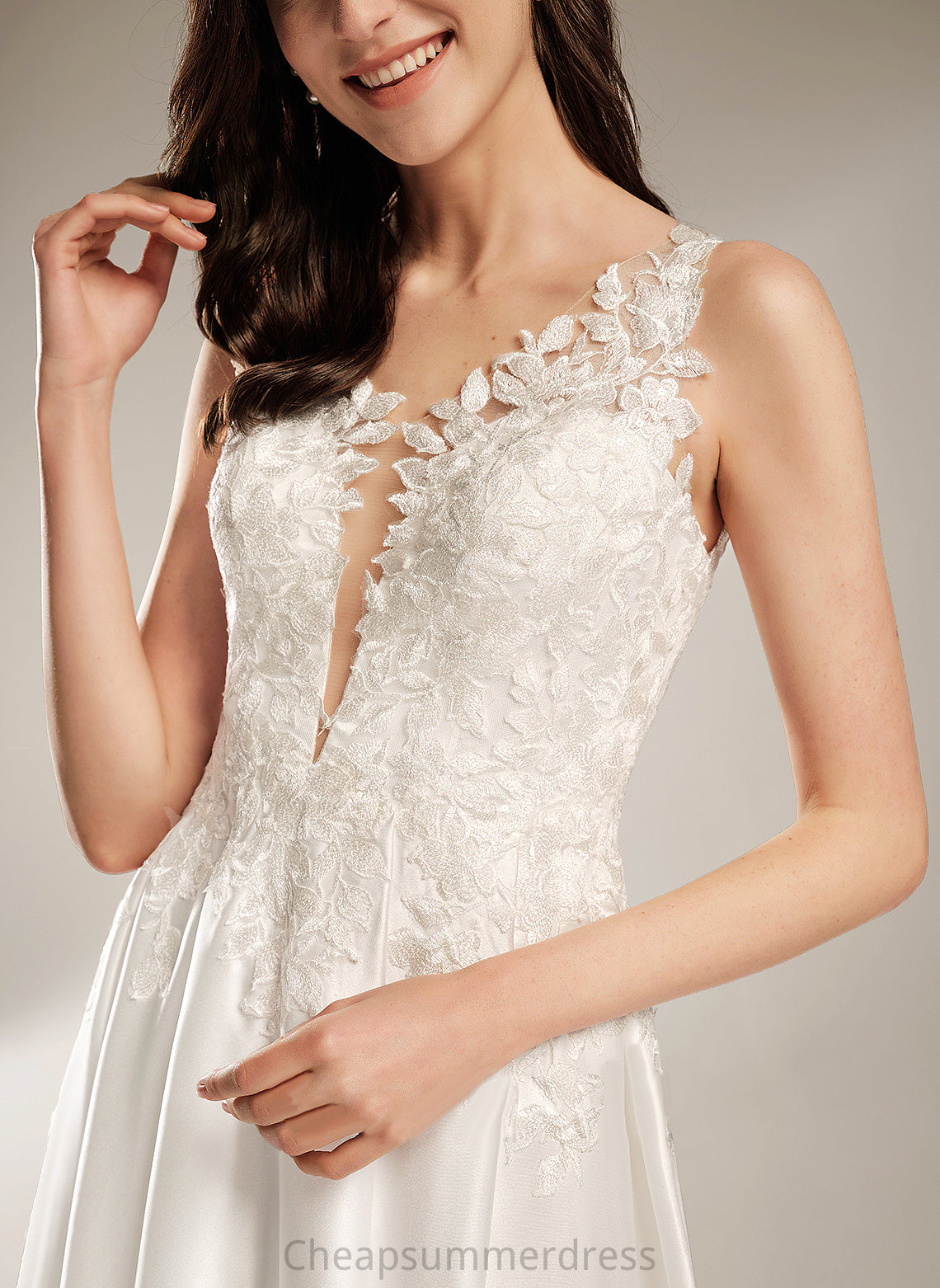 V-neck Tea-Length Lace Satin Wedding Dresses Dress Wedding Gladys A-Line