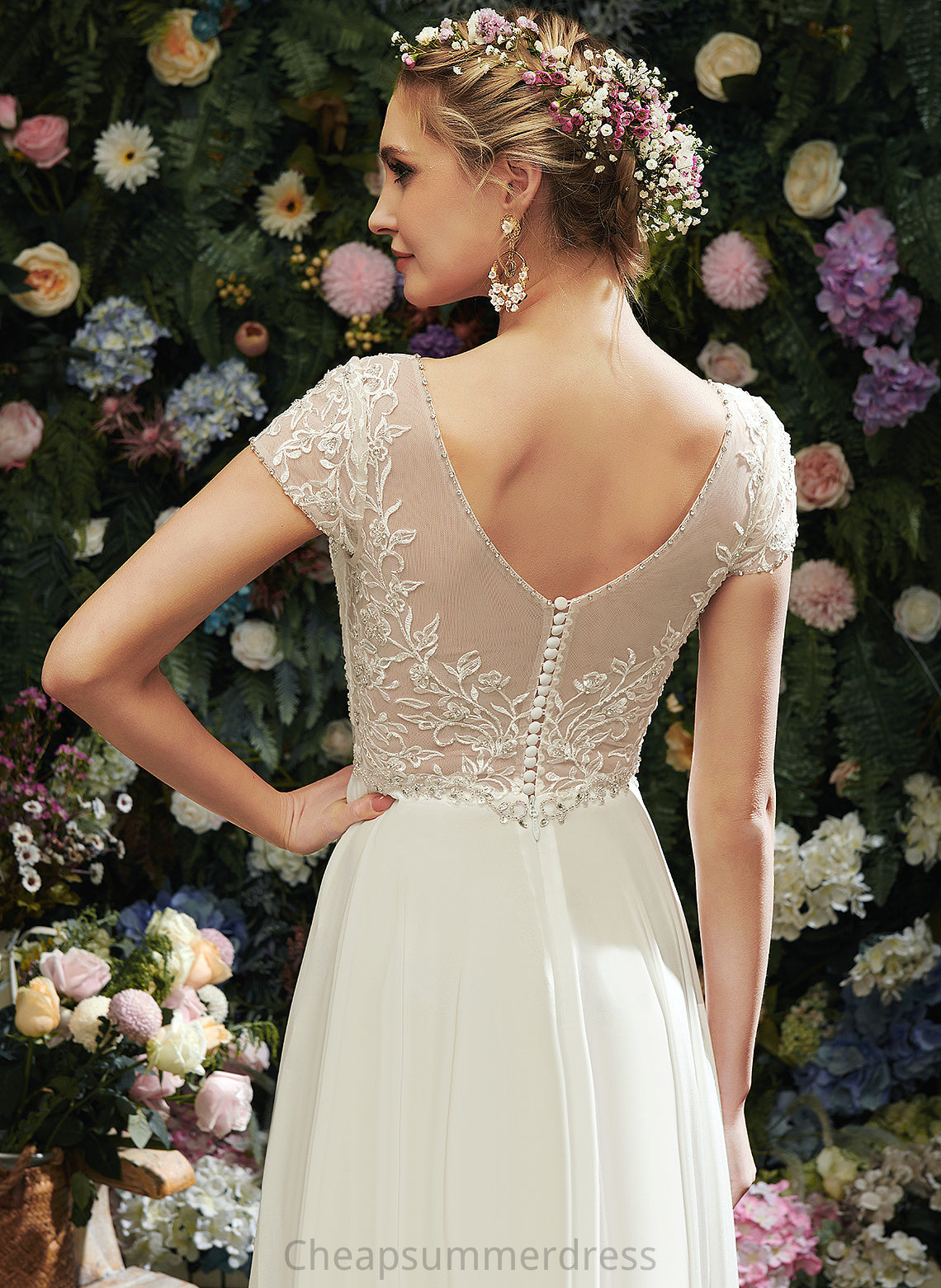 A-Line Wedding Beading Sequins Wedding Dresses V-neck Chiffon Valentina Floor-Length With Lace Dress