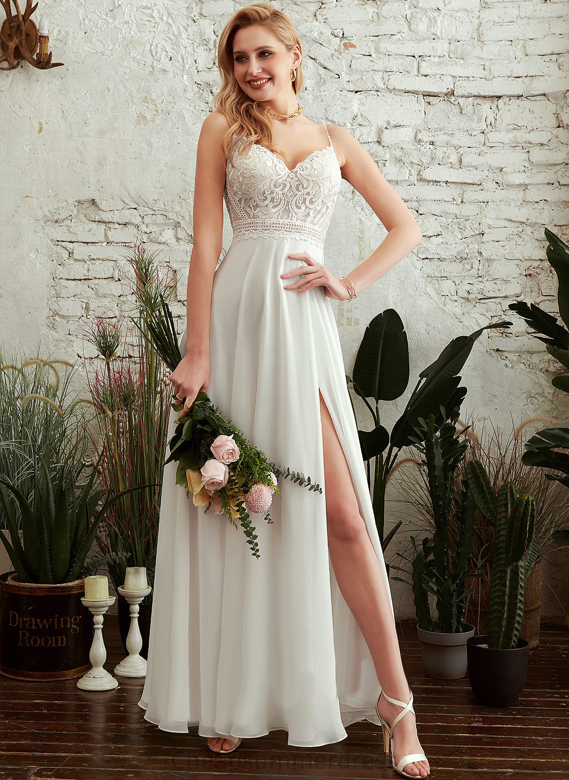 Wedding Dresses Lace Dress V-neck A-Line Floor-Length Joy Wedding Chiffon