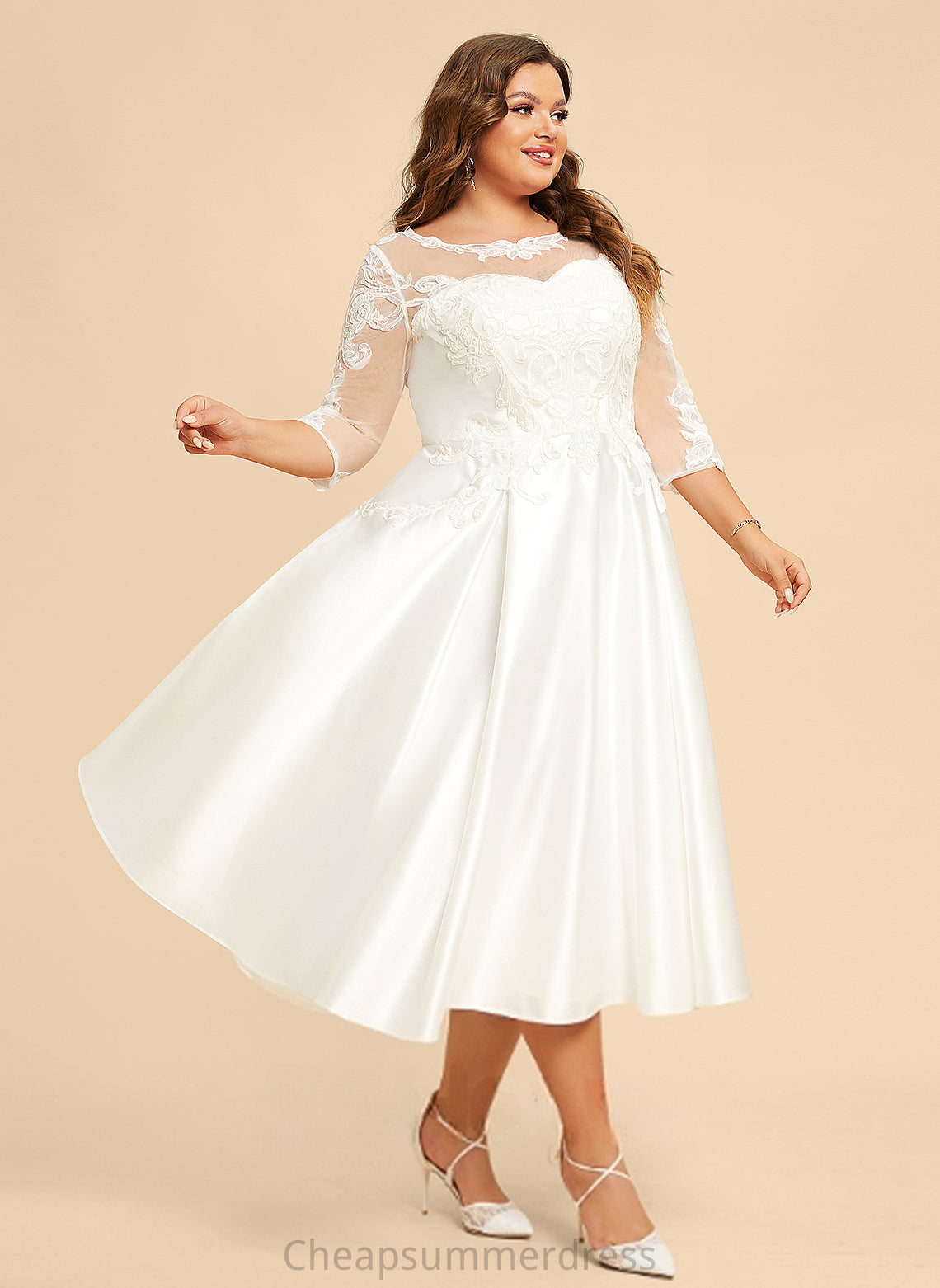 Dress Wedding A-Line Illusion Izabelle Lace Wedding Dresses Tea-Length Satin