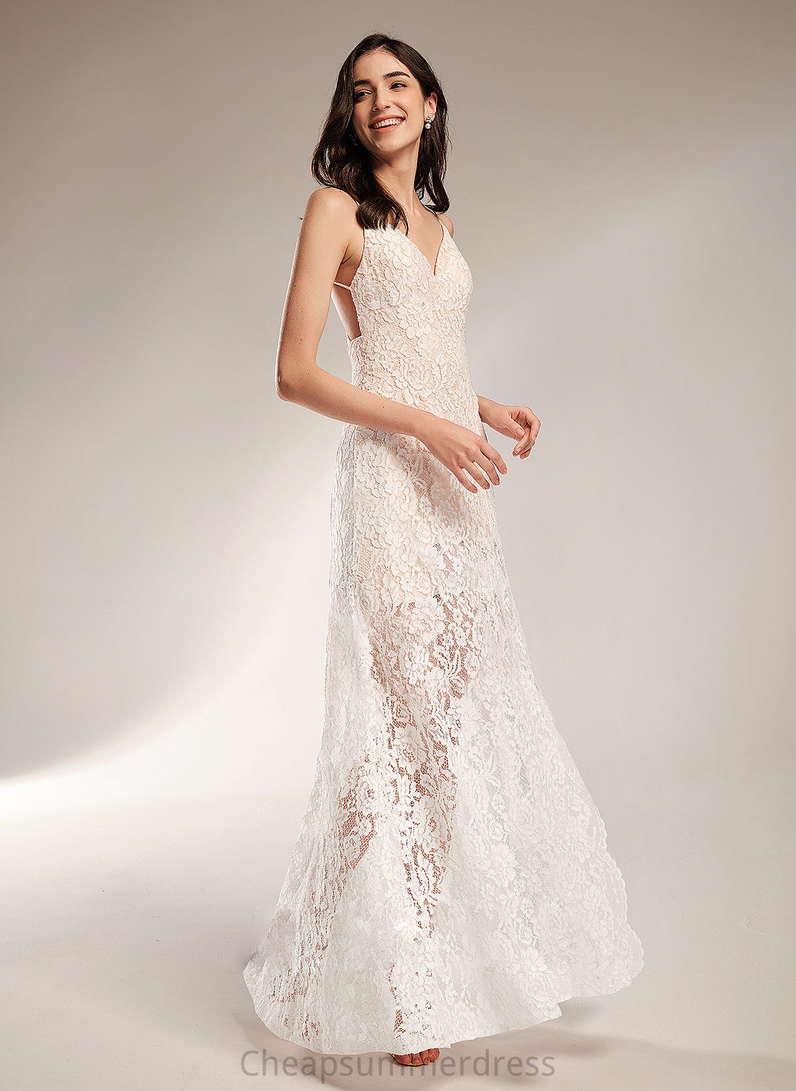 Sheath/Column Wedding Wedding Dresses Dress Lace Floor-Length Essence V-neck